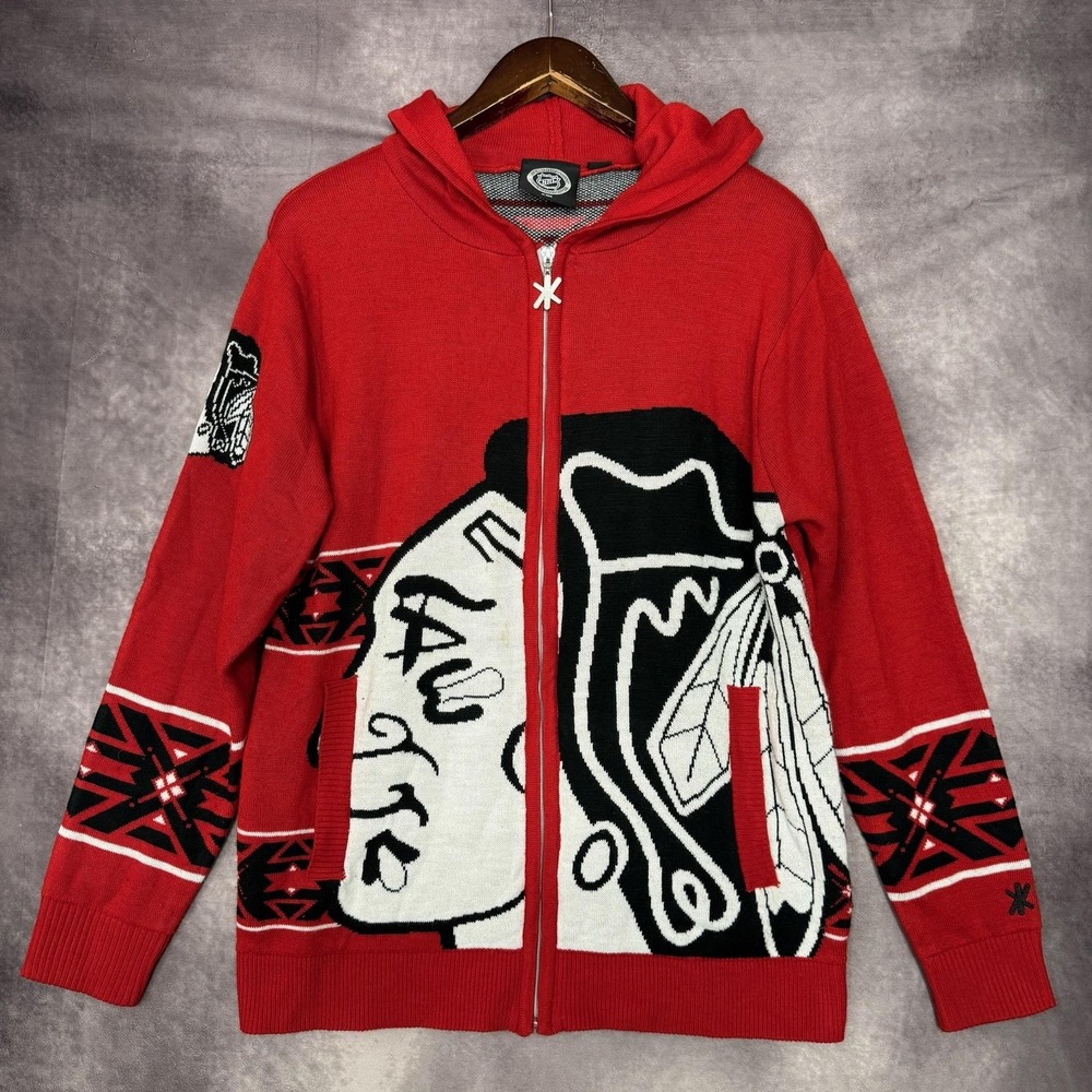 Chicago‎ Blackhawks Holiday Sweater Mens Medium Red NHL Hockey Hooded Knit
